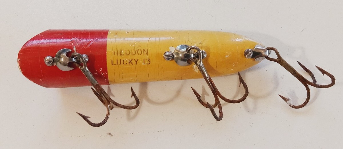 Vintage Heddon Lucky 13 Glass Eyes Wood Fishing Lure Red Head in