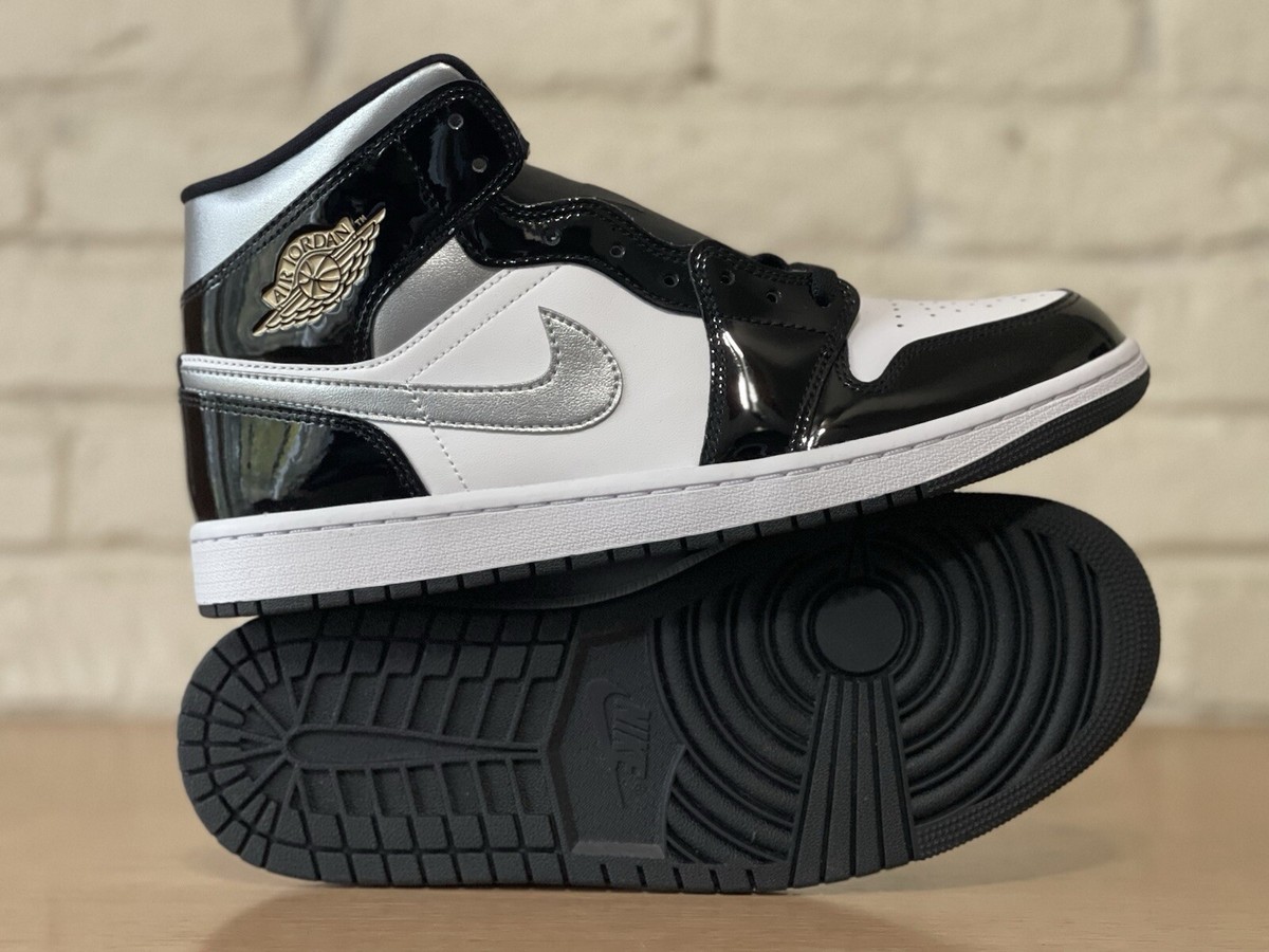Nike Air Jordan 1 Mid SE Black Patent Silver White Men 10.5 Shoes