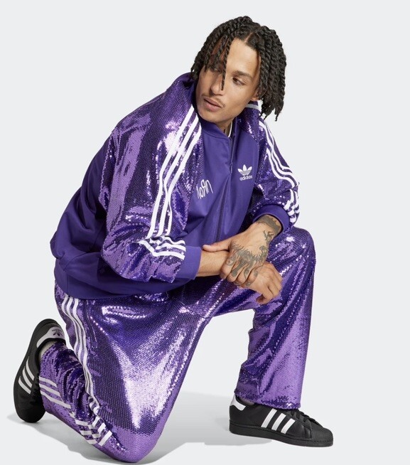 KORN X ADIDAS PURPLE SEQUIN TRACK SUIT SET JACKET Sz-XL & PANTS-Sz