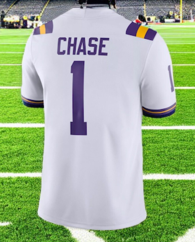 LSU Tigers Football Team White Purple Gold J Chase Jersey Mens 3XL