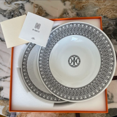 Hermes H Deco Dinner Plate Set of 2 white porcelain Dessert 22 cm