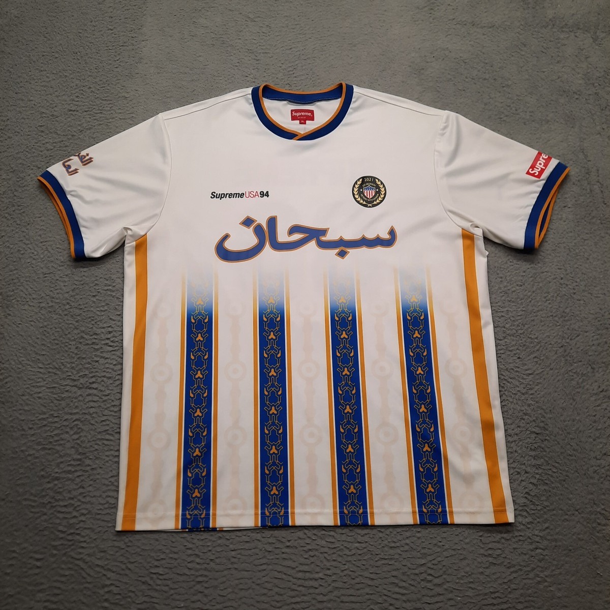 Supreme Arabic Logo Soccer Jersey Men Size XL White Blue SS21