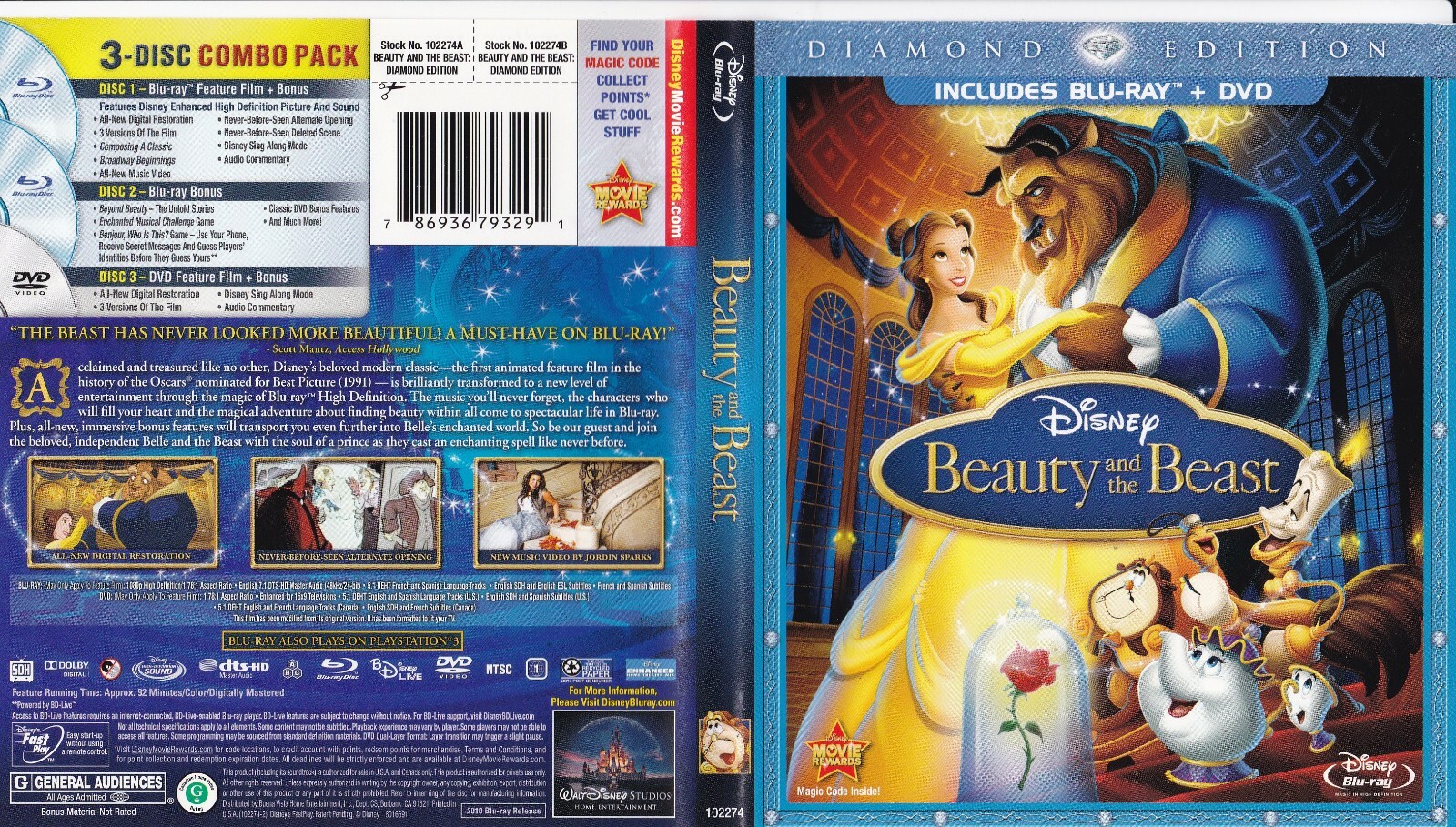 Beauty and the Beast (Blu-ray/DVD, 2010, 3-Disc Set, Diamond