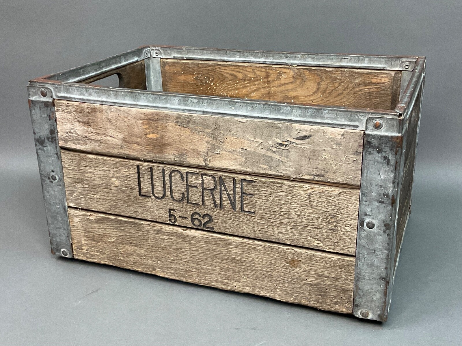 Vintage Heavy Duty Lucerne Dairy Milk Crate Wood Metal Banded