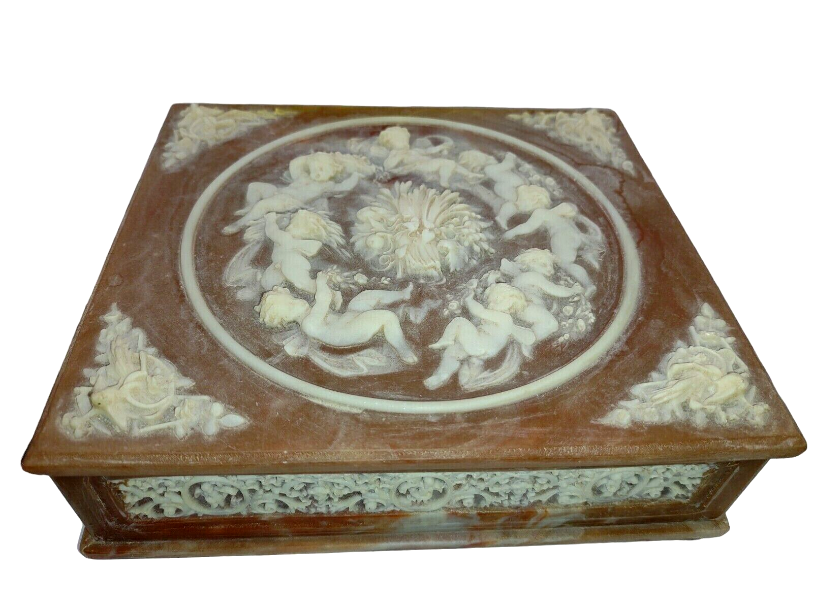Vintage Incolay Stone Jewelry Keepsake Box Cherub Angels
