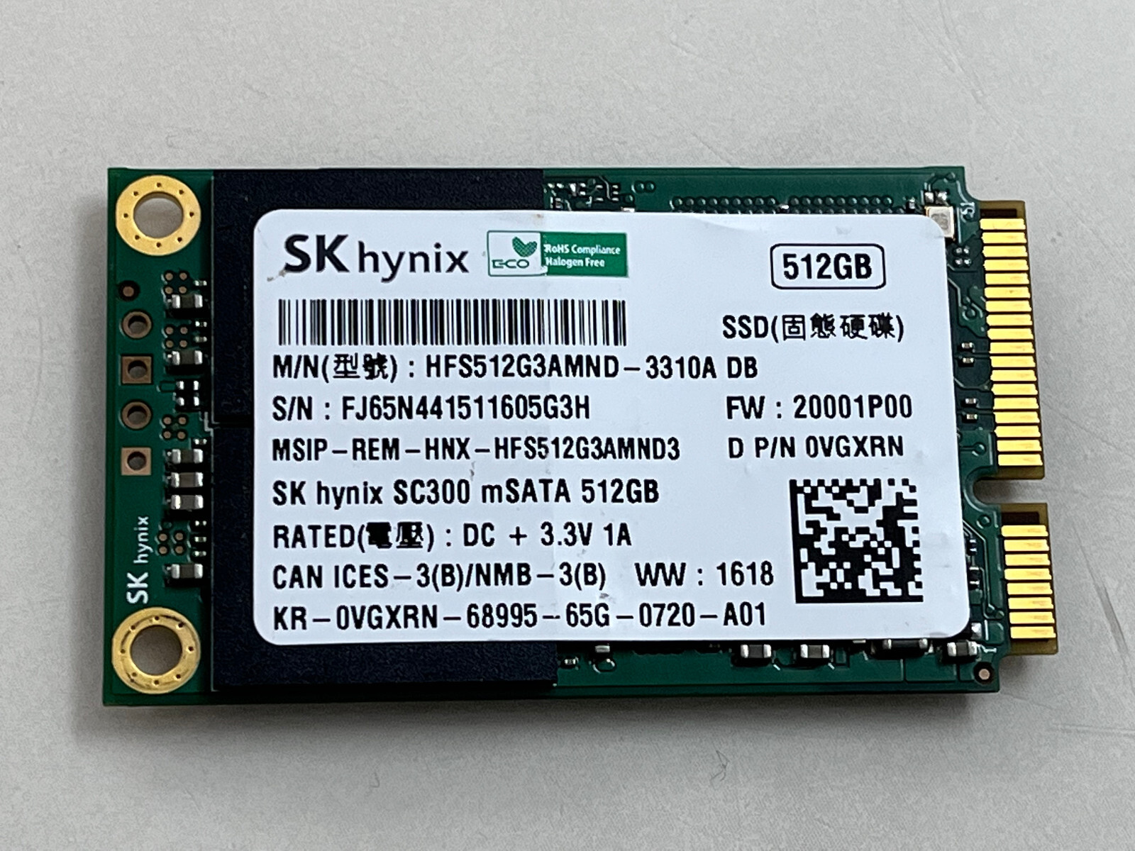 SK HYNIX 512GB SC300 mSATA SSD HFS512G3AMND-3310A DB 0VGXRN 180
