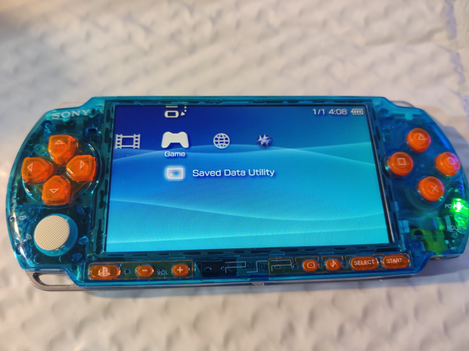 Sony PSP 3000 Console System Transparent Blue / Orange Buttons w