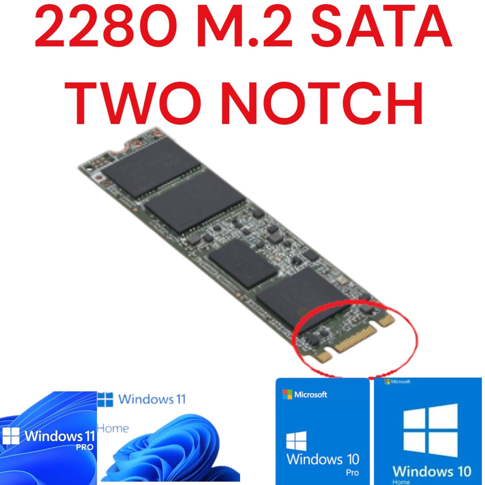 M.2 SSD 256GB SATA Double Notch with Windows 11 or 10 UEFI 64