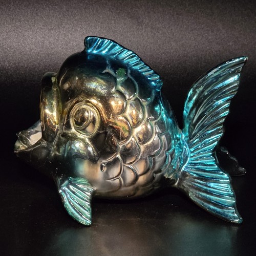 BIG MOUTH FISH ASHTRAY Vintage Metallic Blue Gold 1950s Retro
