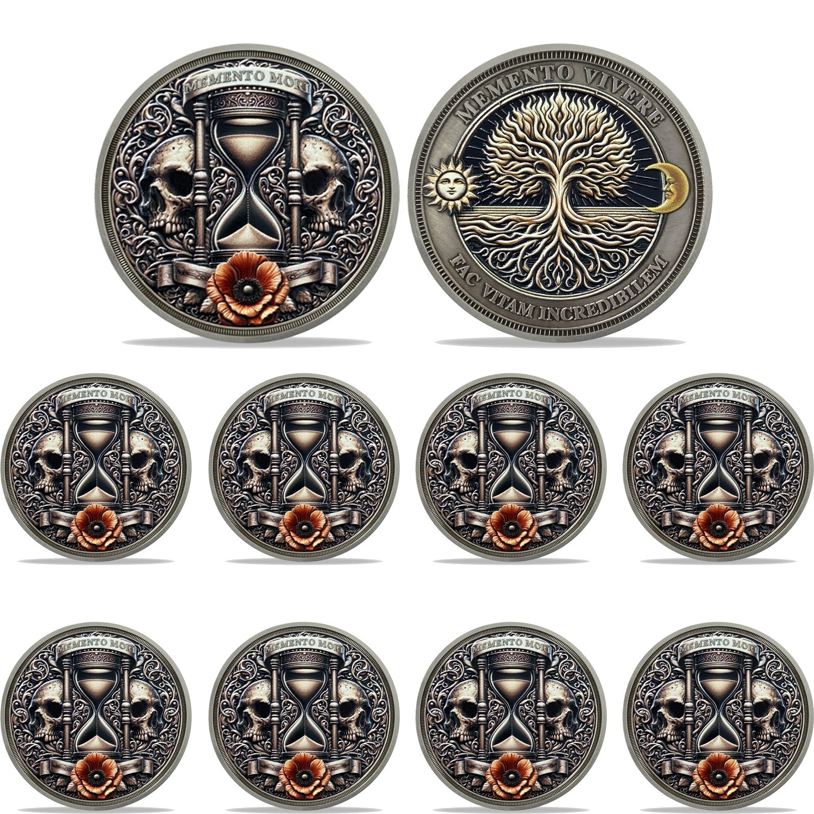 10pcs Memento Mori Collectible Coin Skull Hourglass Tree of Life