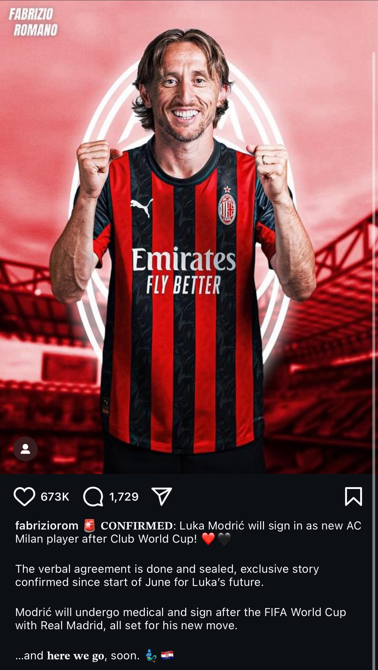 確定。ルカ・モドリッチはクラブワールドカップ後、ACミランの新選手