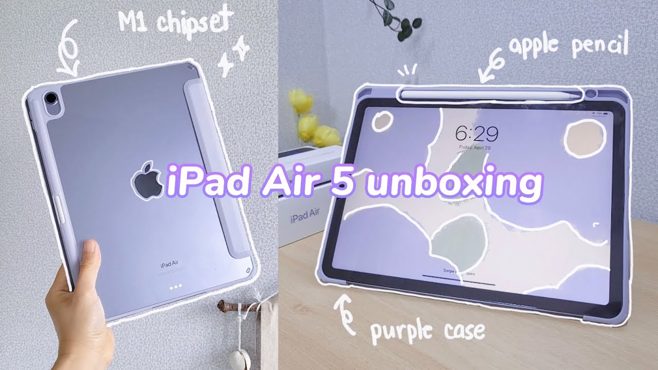 ipad air 5 (purple) unboxing 💜 apple pencil + accessories 아이