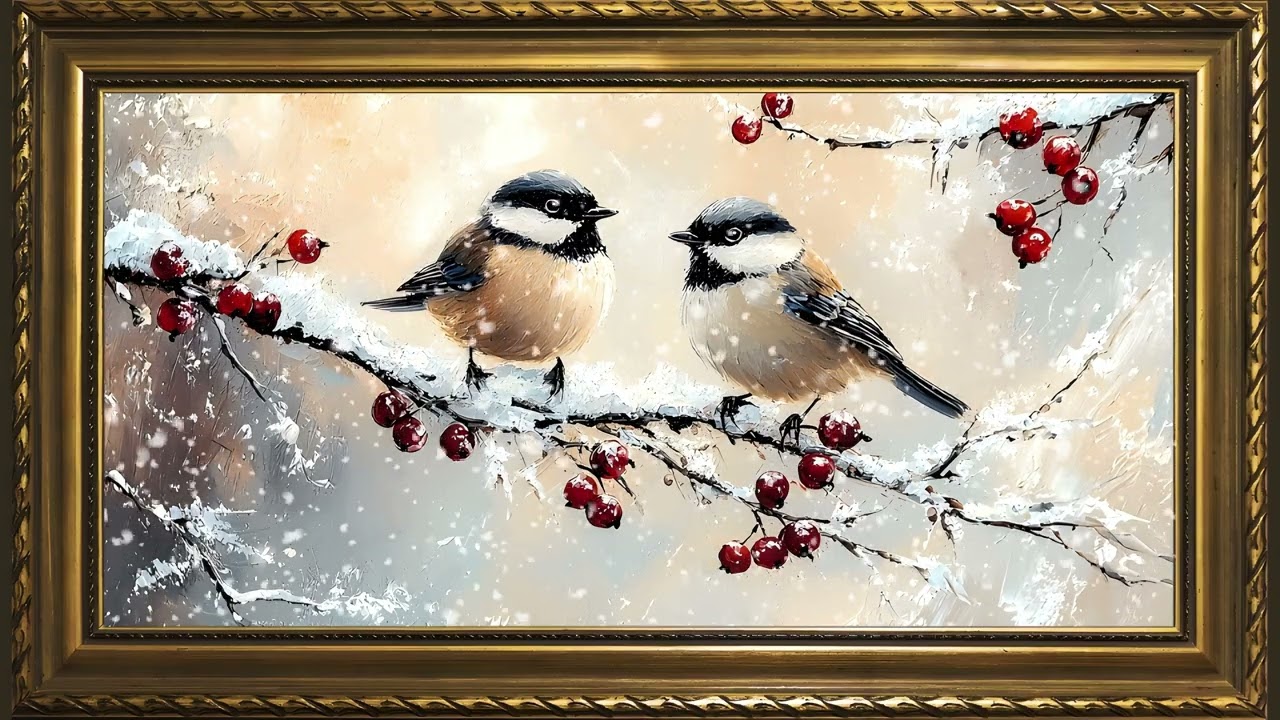 Snowy Winter Birds, Vintage Oil Painting | Gold Framed TV Art