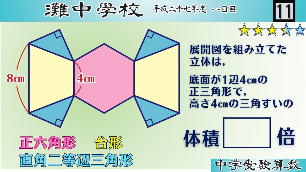中学受験算数/SPI】展開図 脳トレ問題 平成27年(2015）灘中1日目11