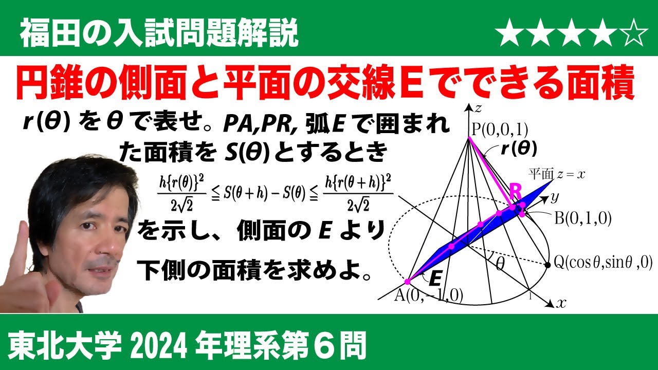 福田の数学〜東北大学2024年理系第6問〜円錐の側面と平面の交わりの