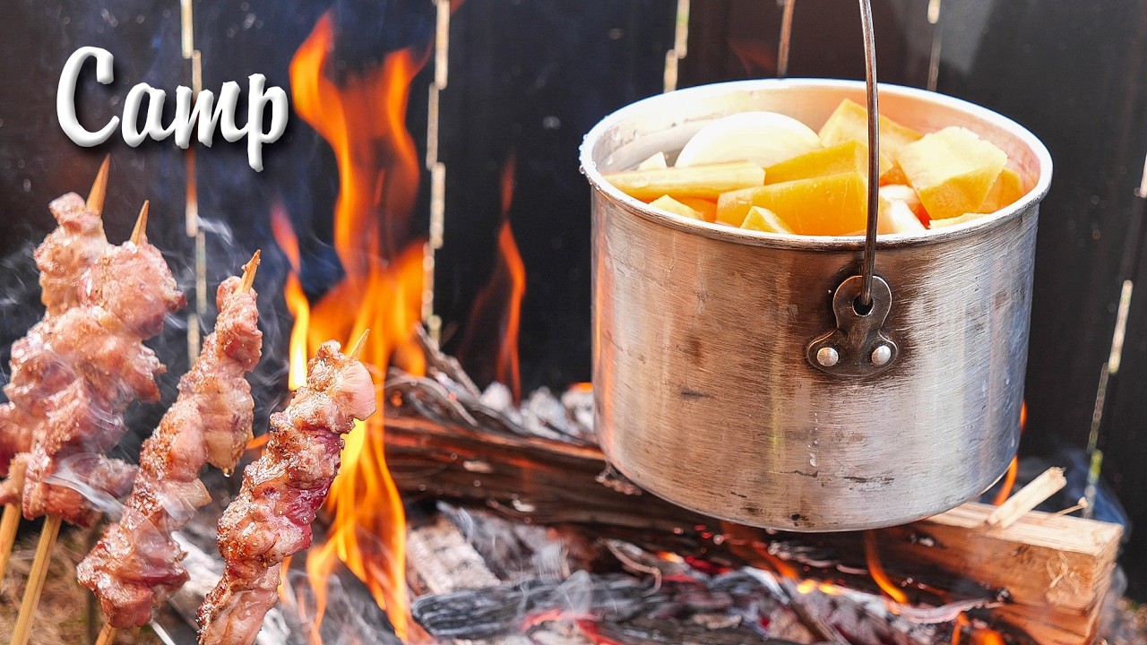 焚き火で肉を炙ってポトフを作る - YouTube