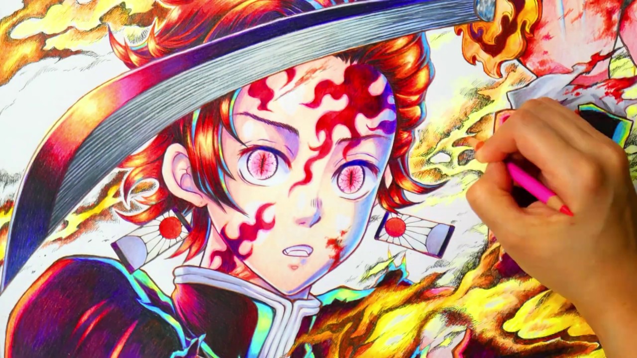 Drawing Kimetsu no yaiba Kamado Tanjirou coloredpencils - YouTube