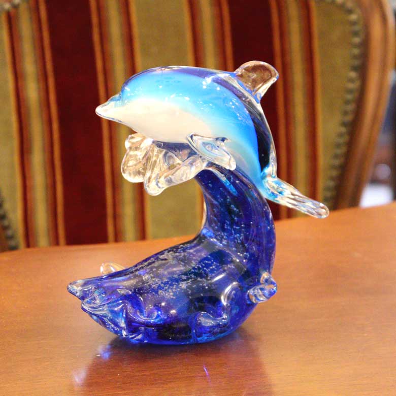 ガラスの置物 イルカ 波乗り ドルフィン オーナメント ガラス雑貨