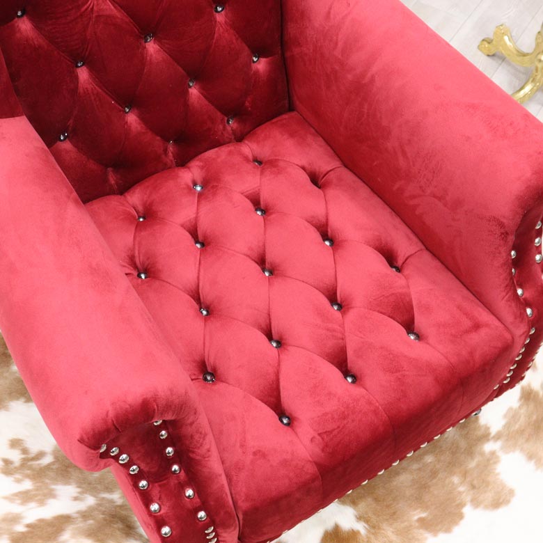 スーパーハイバックチェア レッド 一人掛け スタッズ ベロア 1Pソファ