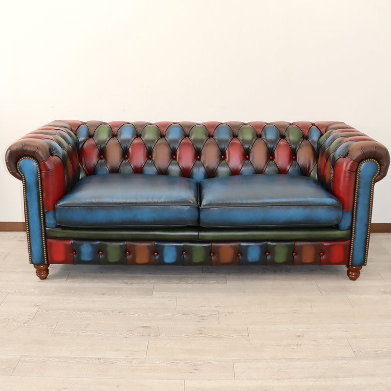 パッチワーク ソファ 3Pソファ チェスターフィールド調 革張り