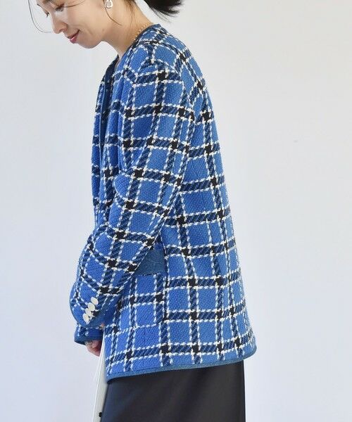 セール】 quaranciel: ブルー ツイード ノーカラー ジャケット