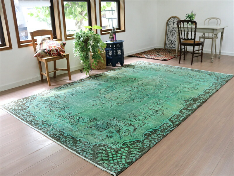 トルコ ヴィンテージラグ 鳥と花 カーキグリーン縁取り トルコ