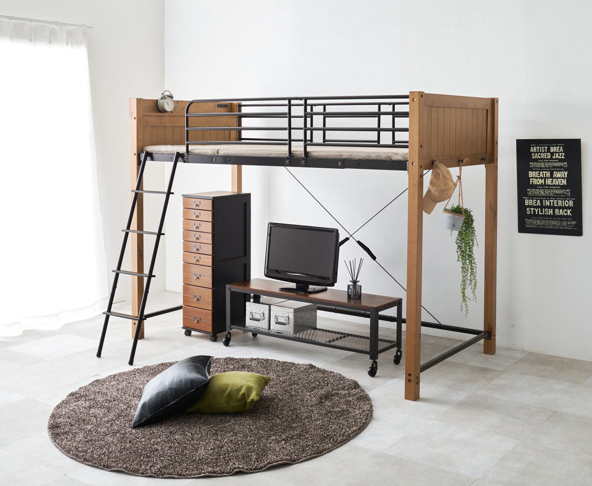 楽天市場】ロフトベッド 天然木×スチール ハイタイプ シングル 宮棚 2
