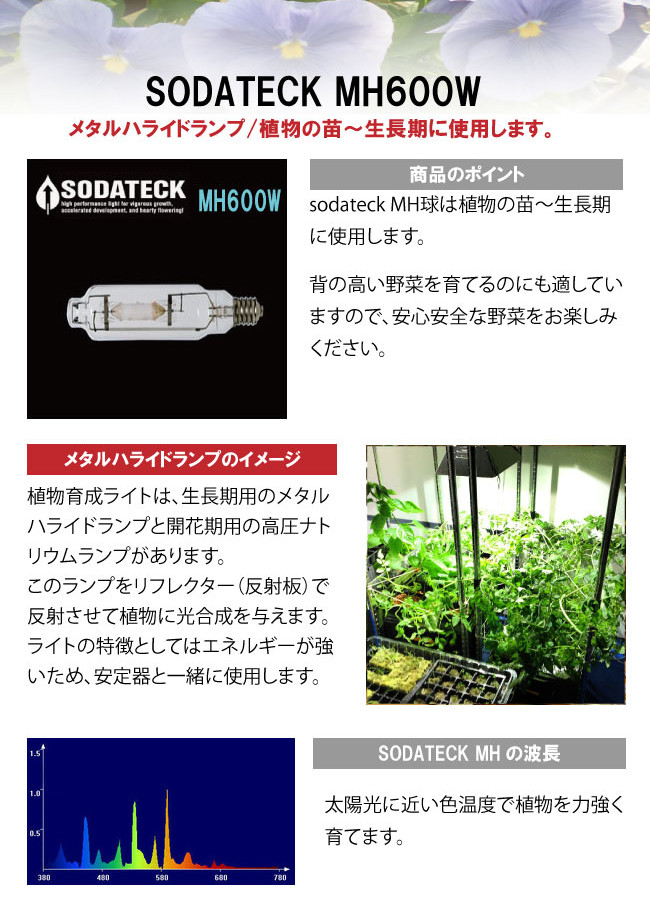 楽天市場】植物育成 ライト SODATECK MH 600W 6000k〔生長期用