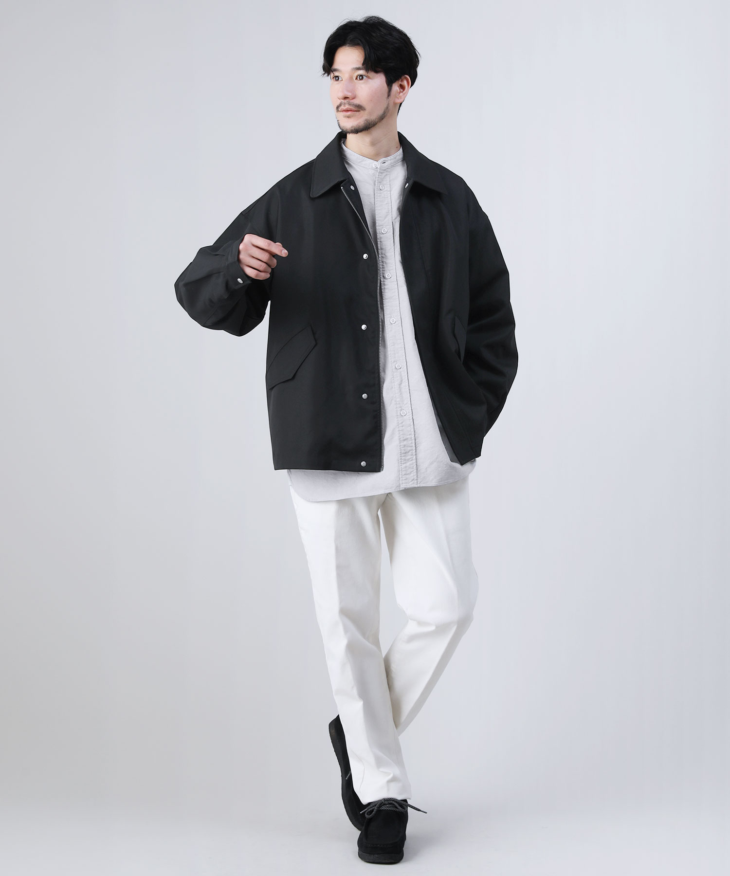 日本製播州織オックスフォードシャンブレーバンドカラー長袖ボクシーA