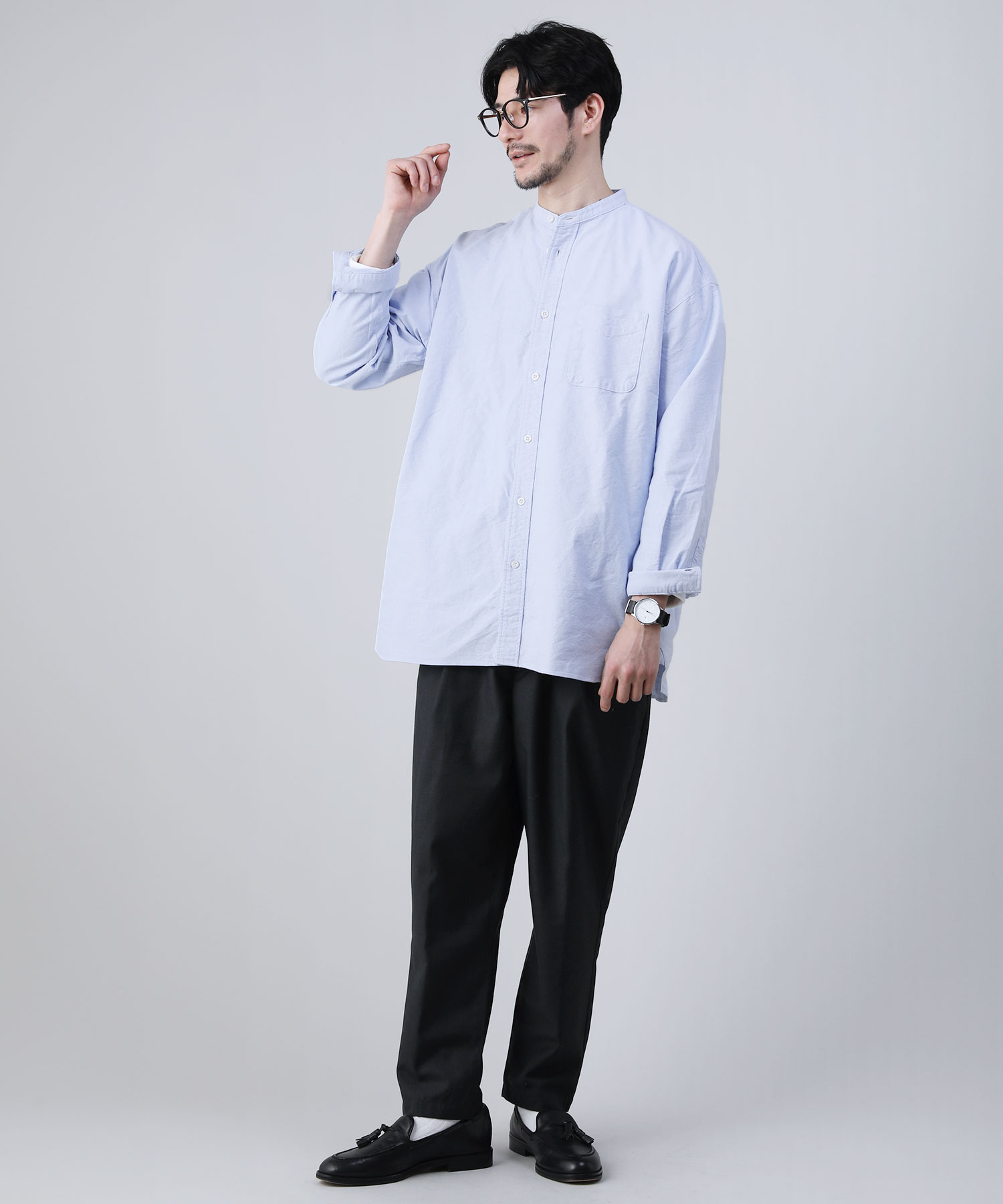 日本製播州織オックスフォードシャンブレーバンドカラー長袖ボクシーA