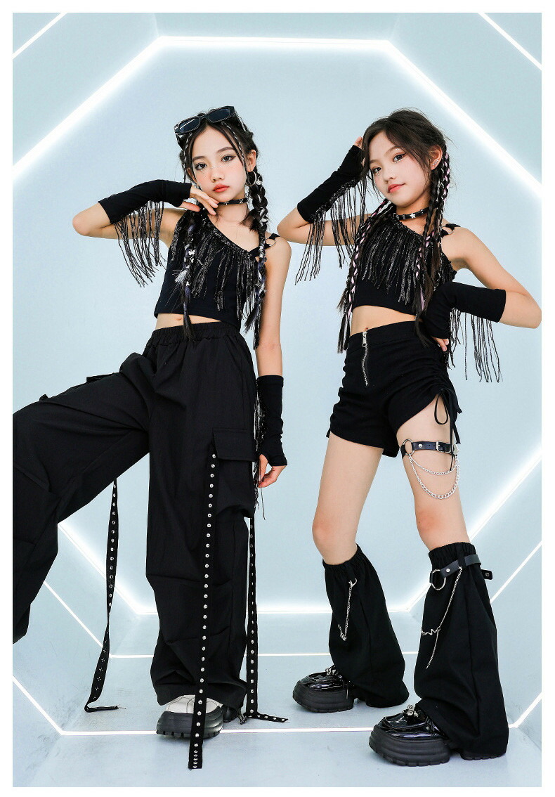 楽天市場】キッズダンス 女の子 4点セット 黒 フリンジ フリル タンク