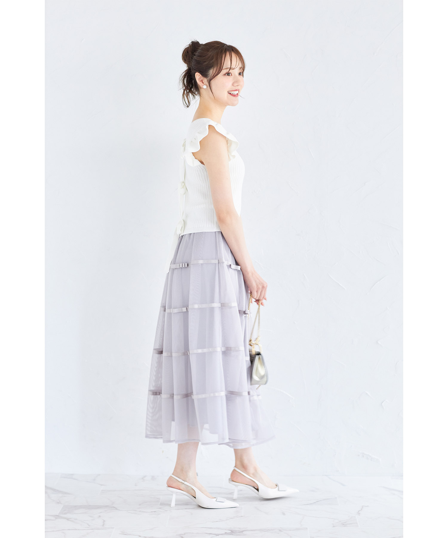 デコレーションリボンメッシュタックフレアスカート