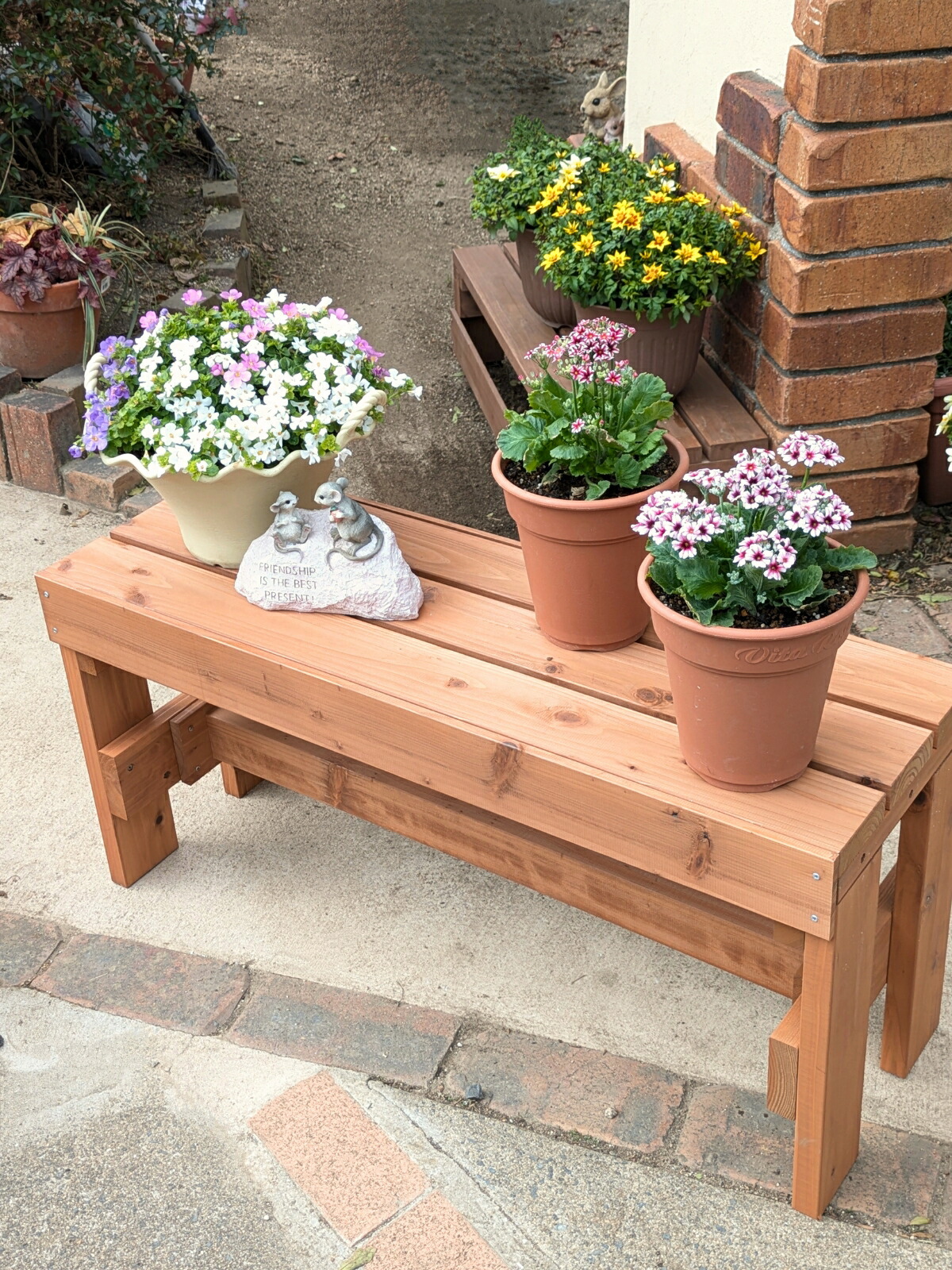 屋外 ガーデン ベンチ 木製 幅91cm×奥行31cm×高さ42.7cm(花台棚板