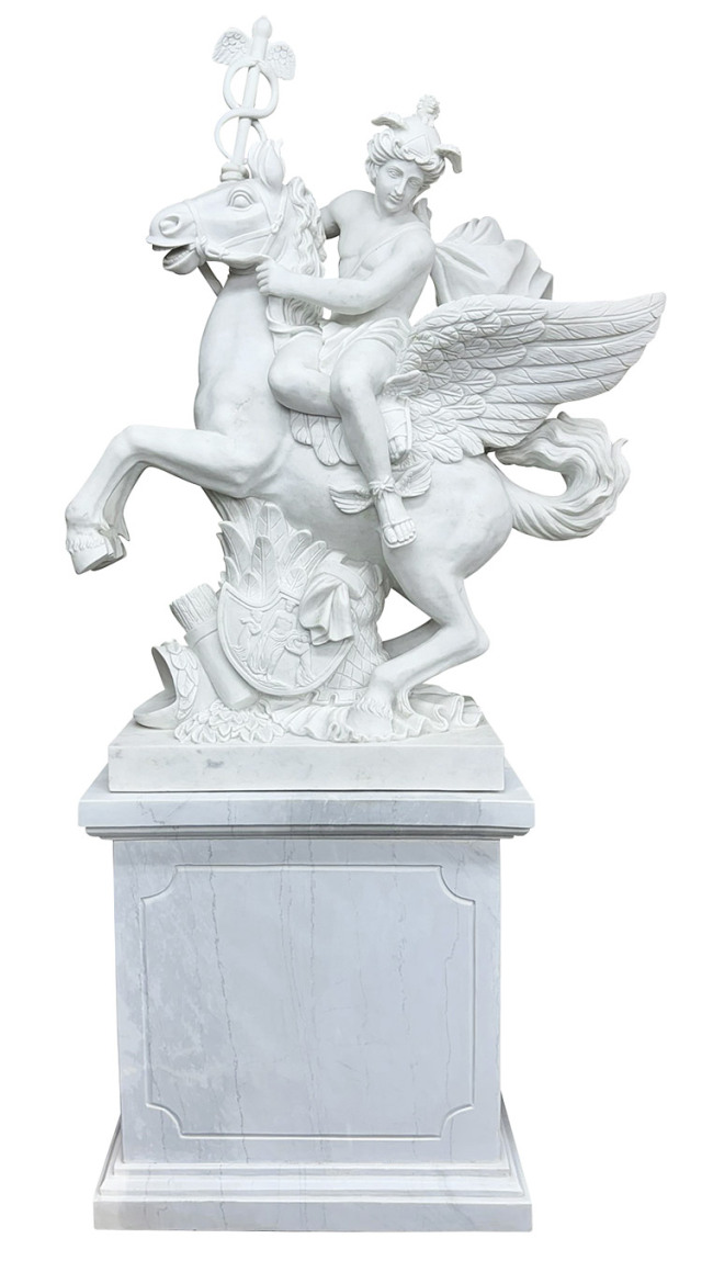 天然大理石彫刻 ペガサスに乗るメルクリウス｜天馬・神話モチーフの