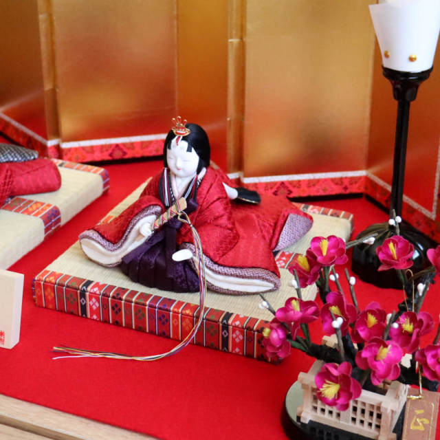 雛人形 柿沼東光作 親王飾「杏」正絹西陣織 屏風本仕立箔押 正絹紅白梅