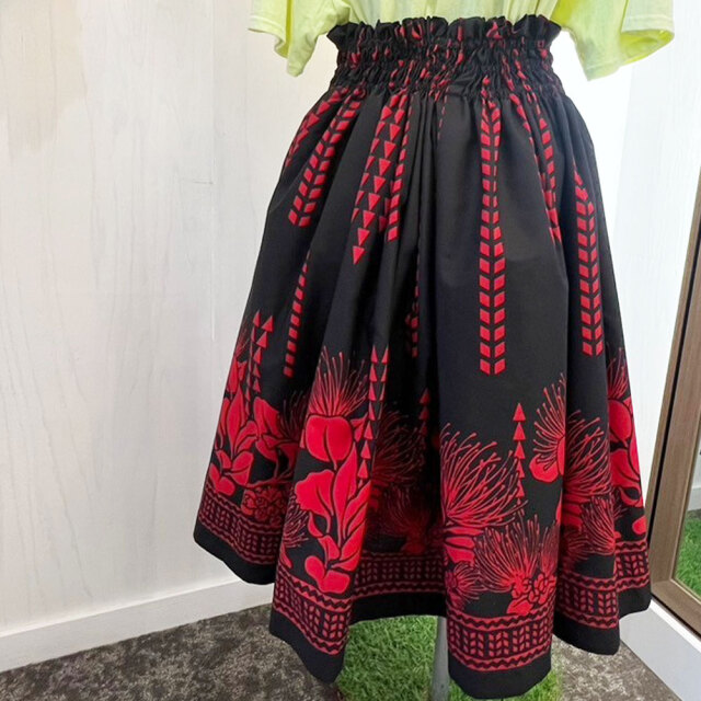 パウスカートシングル大人用 ブラック レッド タパ レフア柄