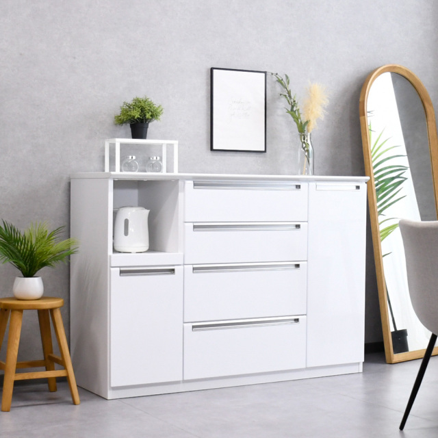 キッチンカウンター 収納 135 ホワイト 食器棚 レンジ台 完成品 日本製