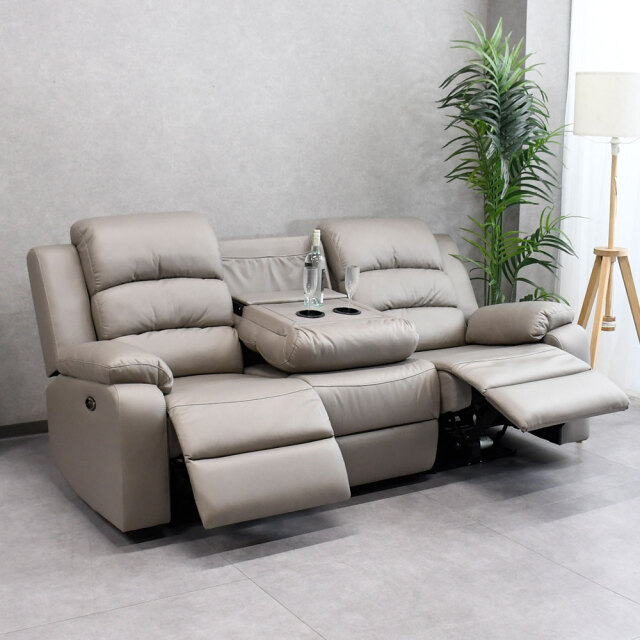 新品アウトレット】レザーファブリック電動リクライニング3人掛け