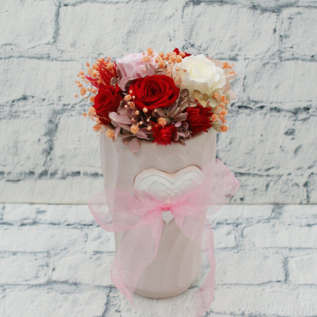 プリザーブドフラワー ピンク陶器（赤・白）◇508-26 送料込！