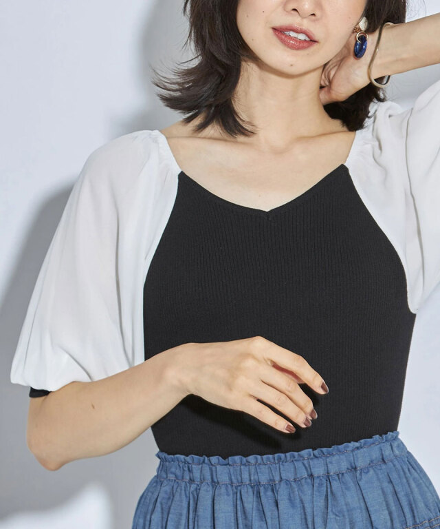 シアーパフスリーブ切替ニットプルオーバー