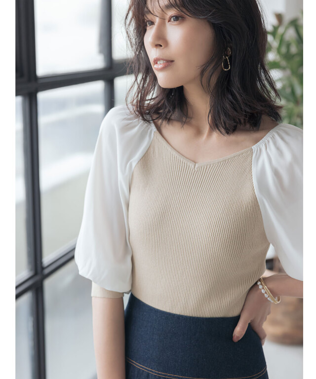 シアーパフスリーブ切替ニットプルオーバー