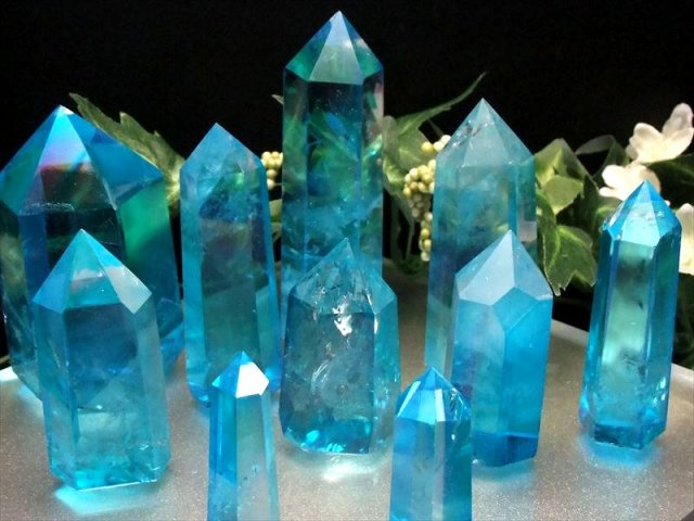 ブルーアクアオーラ 天然水晶ポイント 六角柱 80g-90g 手ごろな小さめ