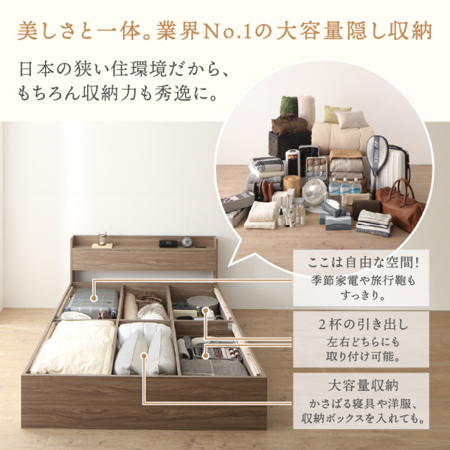 収納付きベッド | ショート丈 棚・コンセント付き収納付きベッド