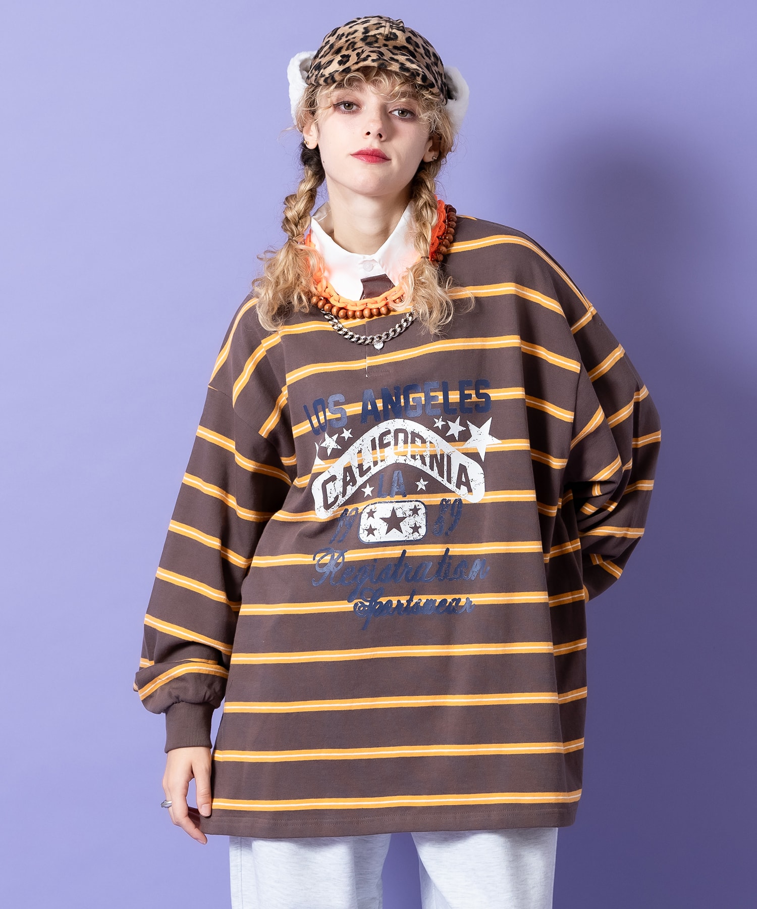 掠れアメカジプリントボーダー柄オーバーサイズラガーシャツ / ユニ