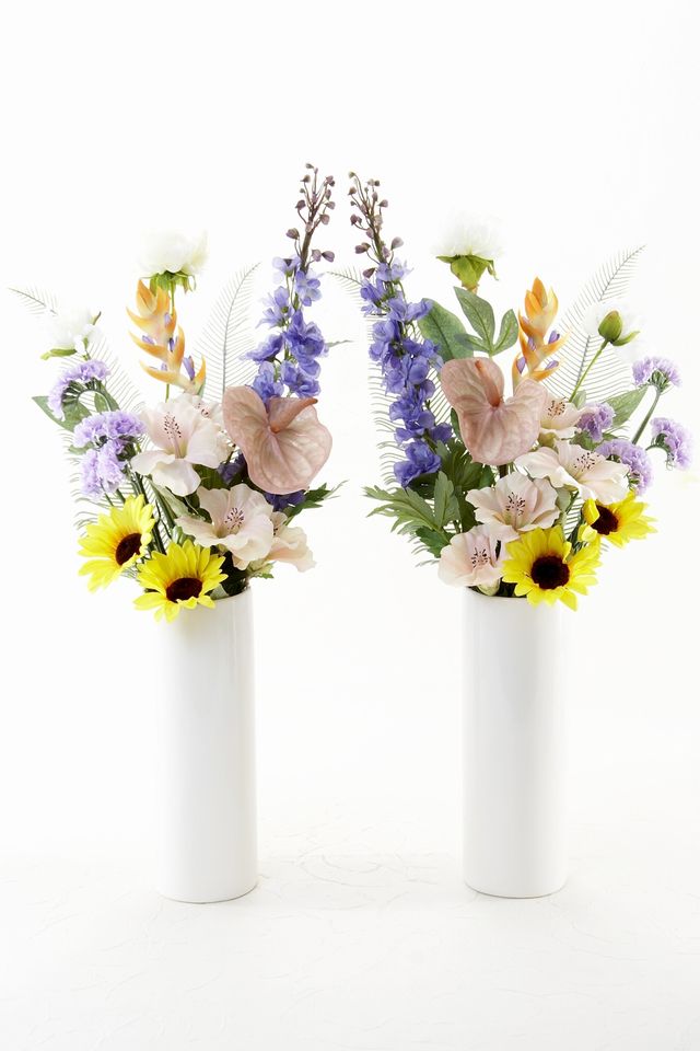 造花 ミニ供花】クレマチスとダリアのナチュラルミニ仏花セット（左右