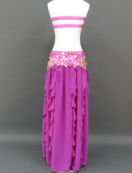 ベリーダンス衣装】ピンクパープルにゴールドのレースが煌びやか！高級