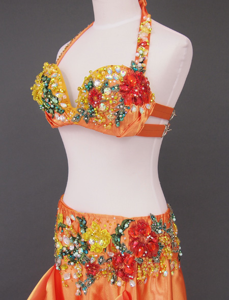 ベリーダンス衣装】鮮やかなオレンジゴールド！立体的なレースの花