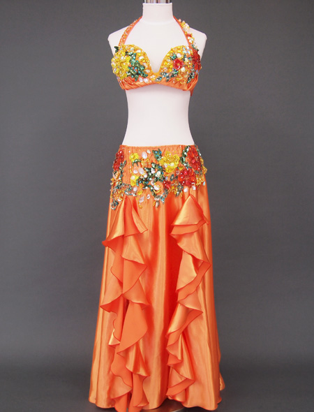 ベリーダンス衣装】鮮やかなオレンジゴールド！立体的なレースの花