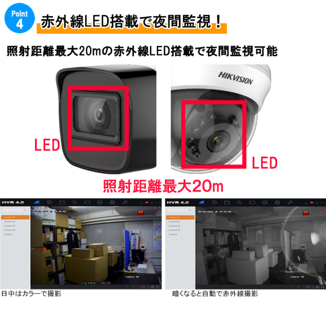 防犯カメラ 屋内屋外 家庭用 500万画素カメラ1〜4台セット