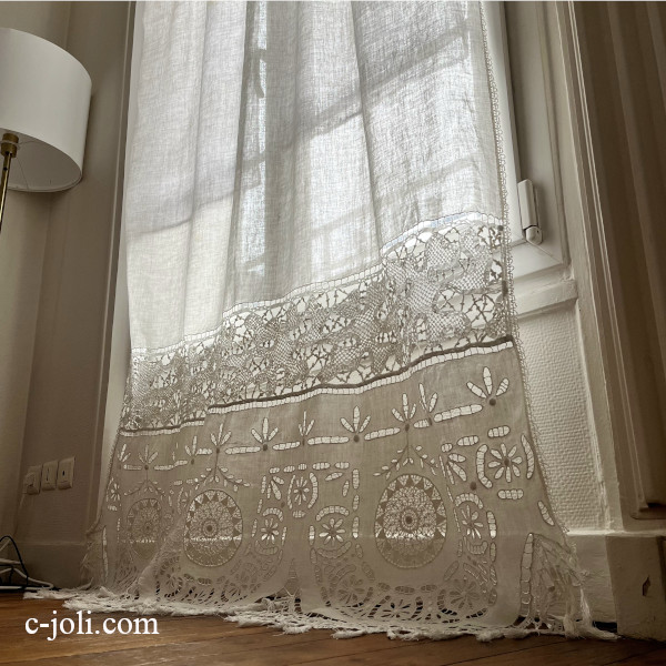 パリ発送】C1197 フランスアンティークリネン＆レースカーテン カット